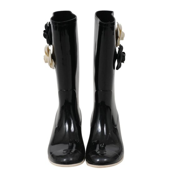 Chanel Womens Camellia Rain Boots IT 42 US 12 Black Rubber Embellished CC Flower - Picture 2 of 8